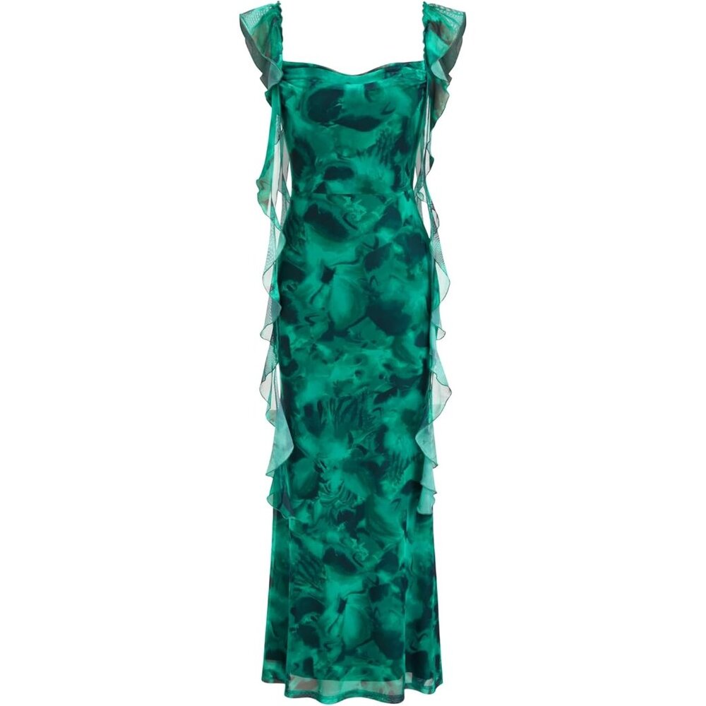 Women's Floral-dark Green Wedding Guest Dresses Summer Maxi Dress Sleeveless